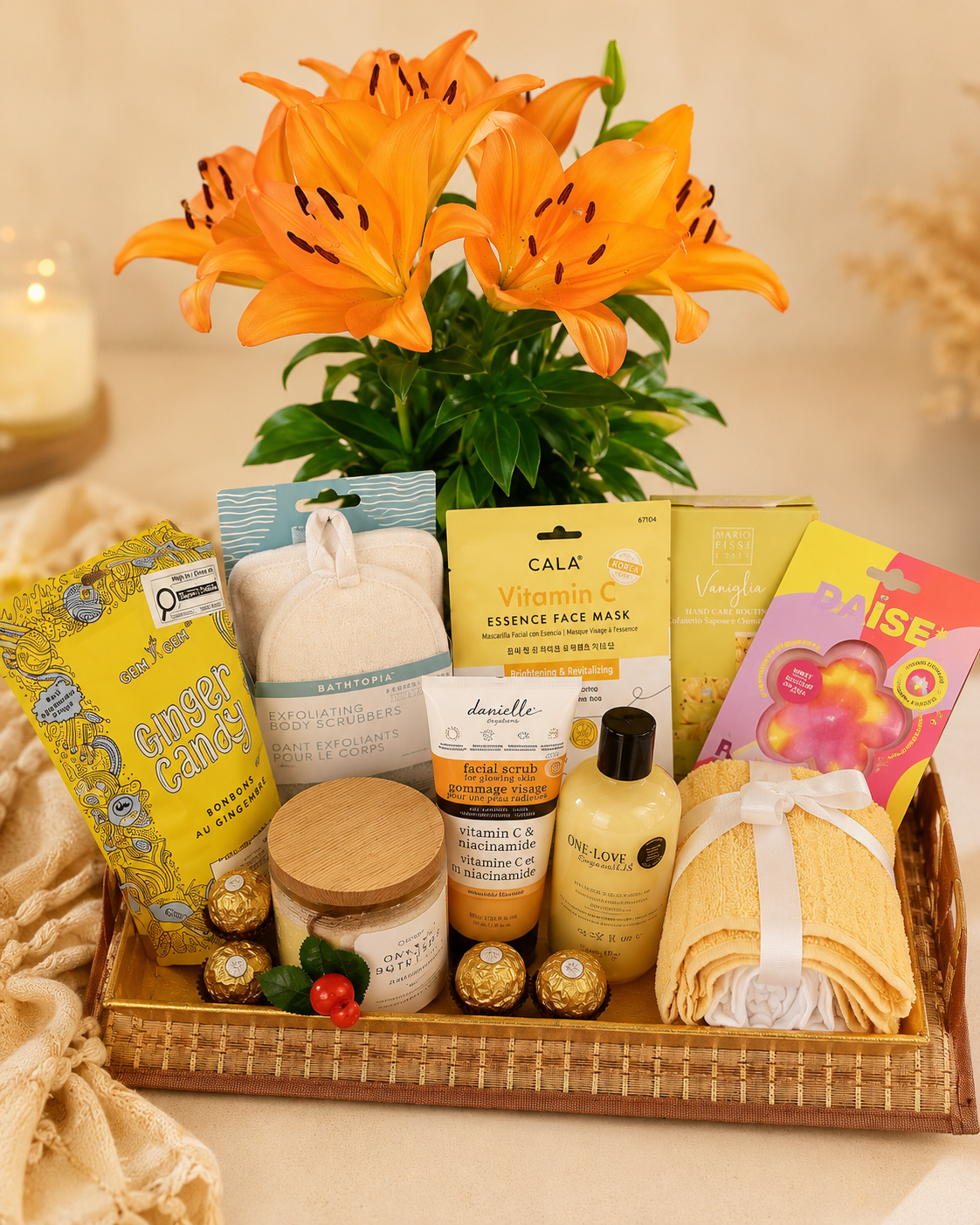 Pampered in Sunshine spa basket on a tray with orange lilies