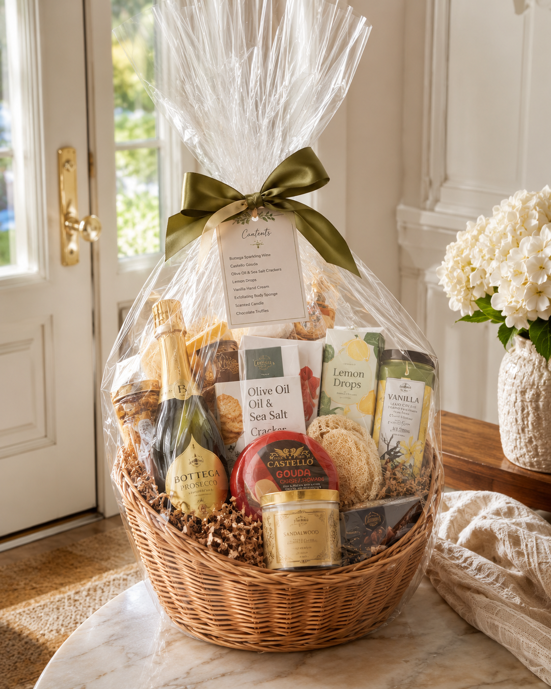 A finished gift basket wrapped in cellophane in a warm entryway, ready for delivery