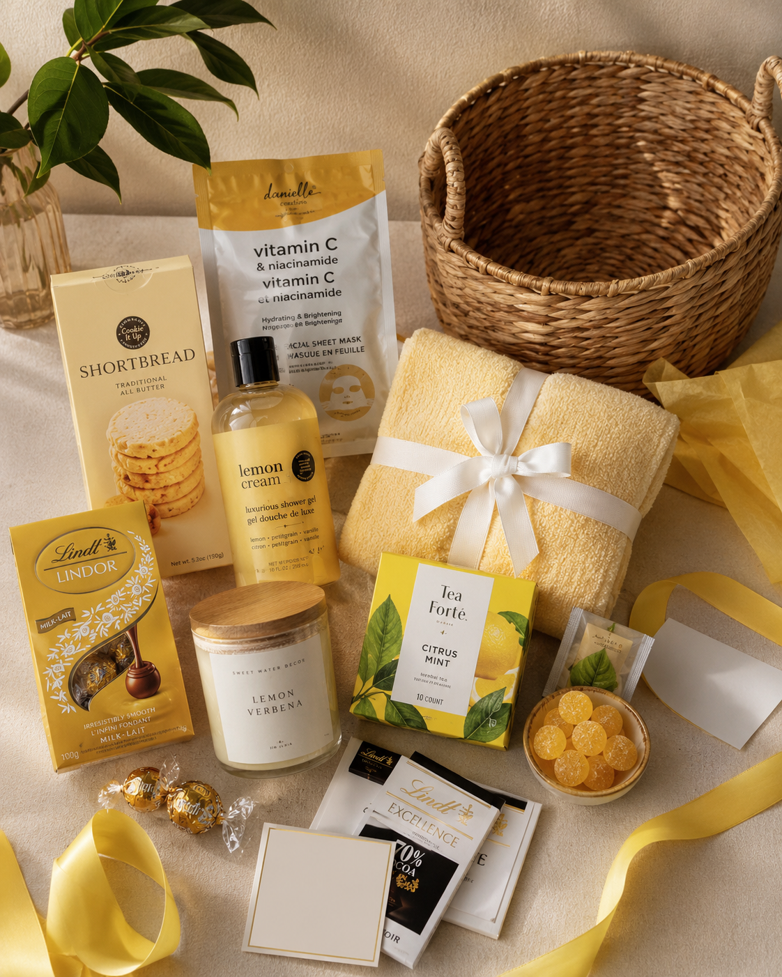 Flat-lay of gift hamper items being planned and arranged