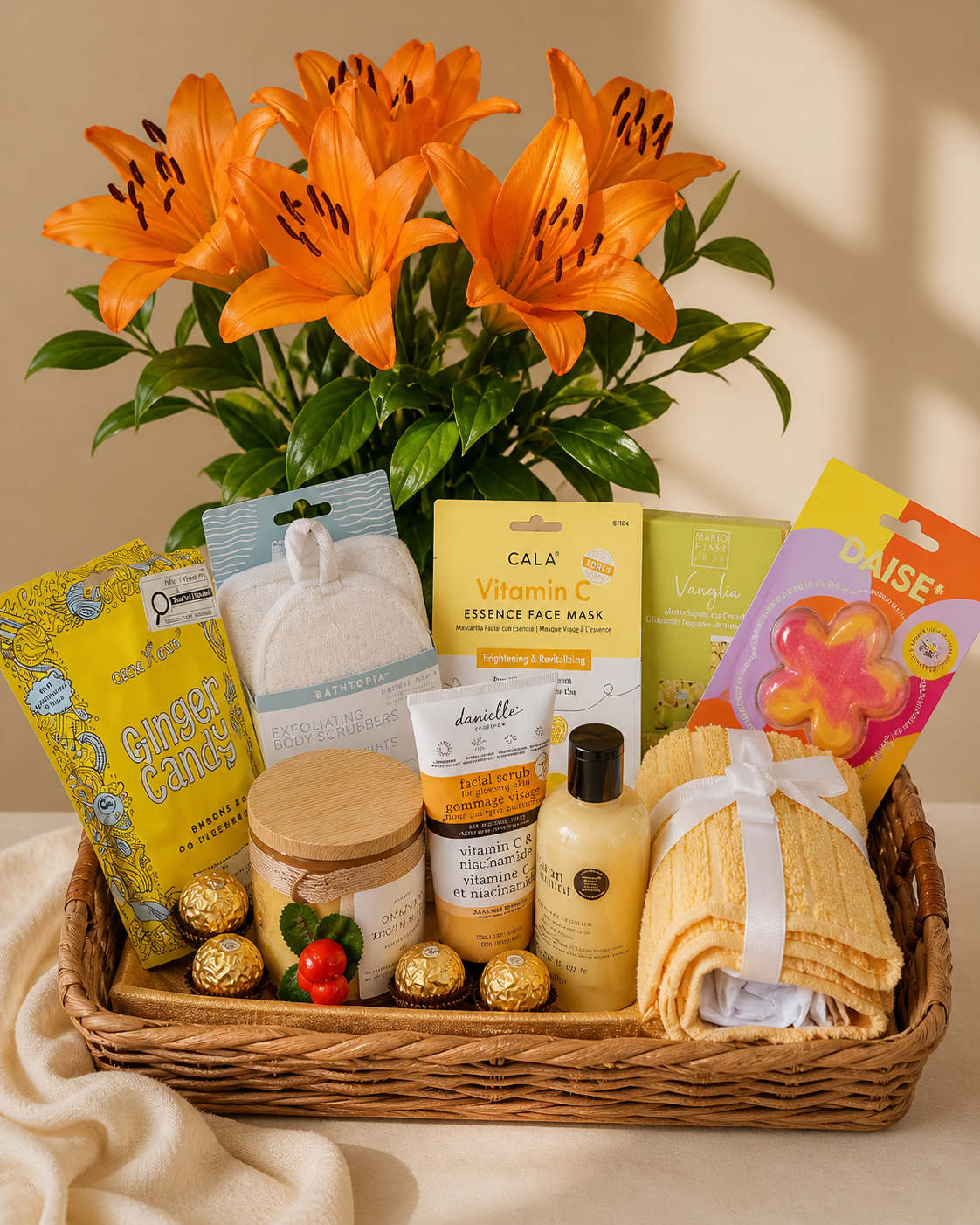 Sunshine spa basket with orange lilies