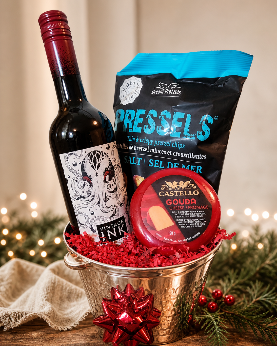 The Un-Wine basket — single bottle of Canadian wine with cheese, crackers, and chocolate