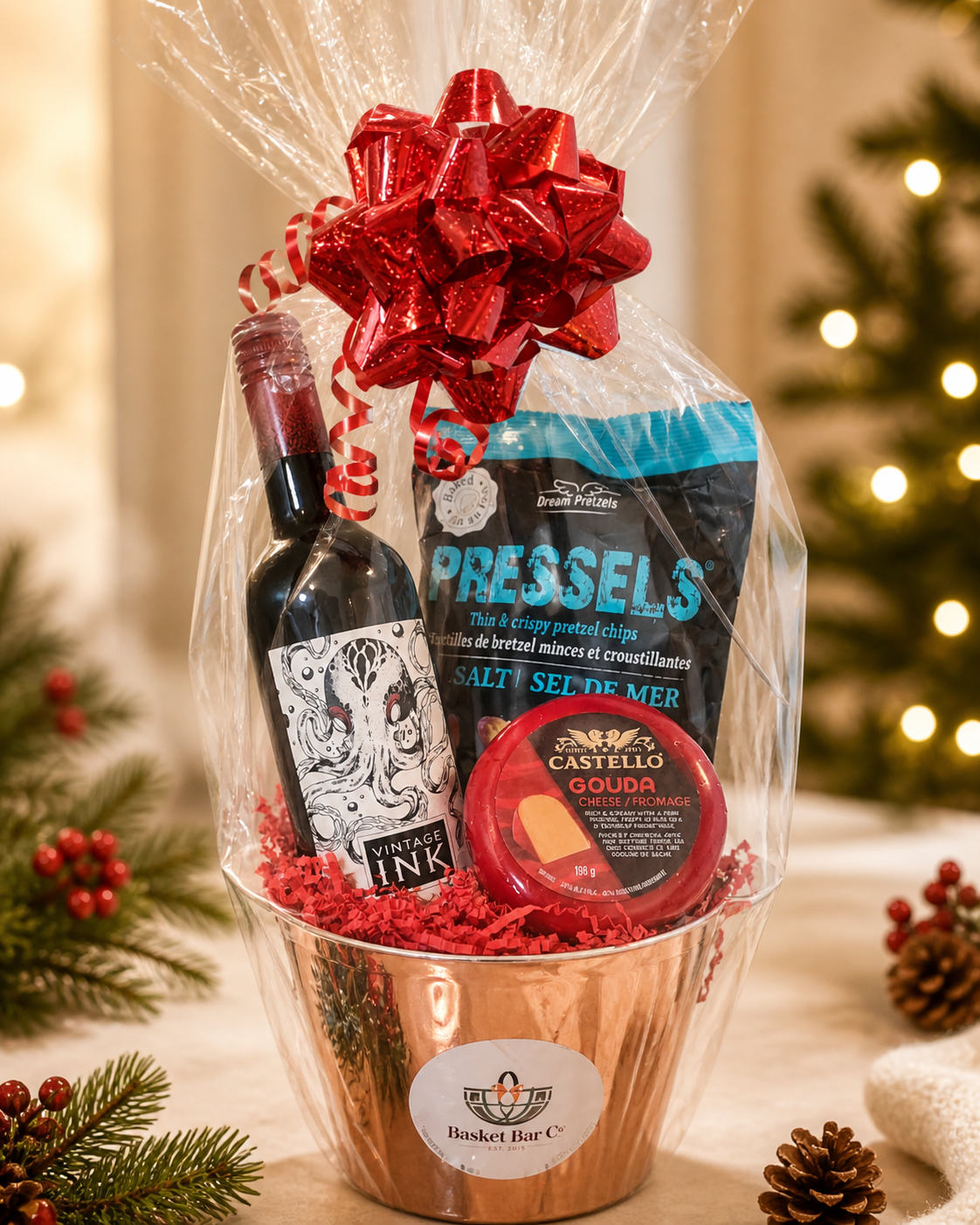 The Un-Wine basket wrapped in cellophane with a red bow